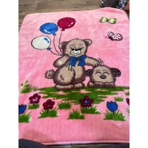 Vintage Pink Plush Mink Baby Blanket Teddy Bear Puppy Balloons Flowers 41x49